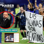 Ingiltereyi yenen arjantinli futbolcular sahada falkland adalari pankarti acarken ingiltere krali charles futbolcular icin hirSKAXi